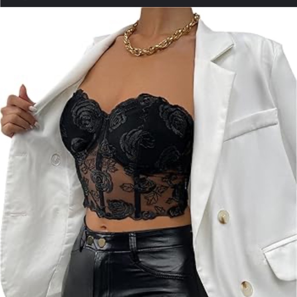 Black rose embroidery lace bustier corset top XS date night evening out sexy
